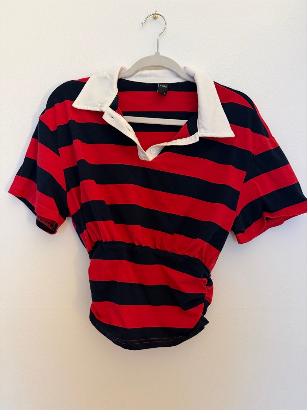 Cider Red & Black Striped Polo Crop Top with White Collar